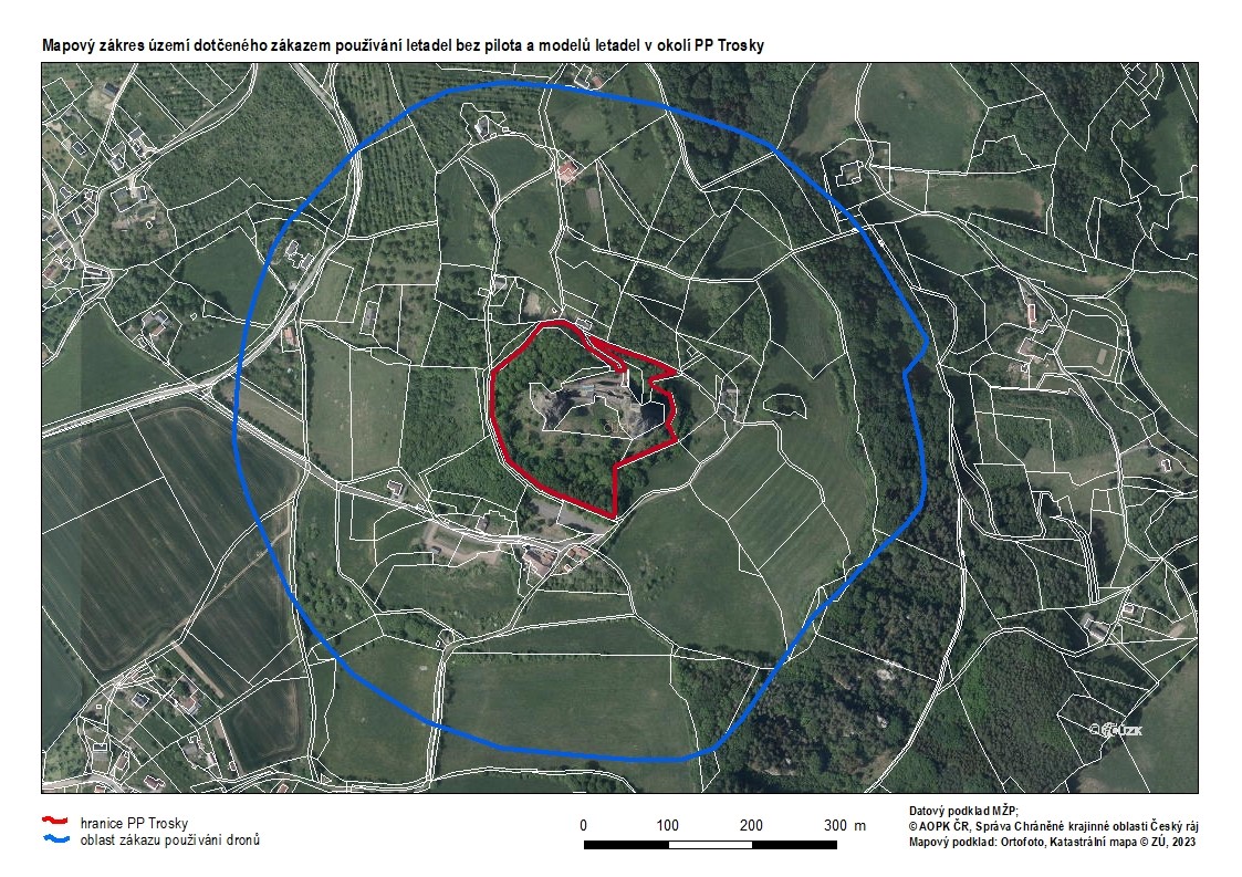 Mapa území dotčeného zákazem létání s drony v okolí přírodní památky Trosky